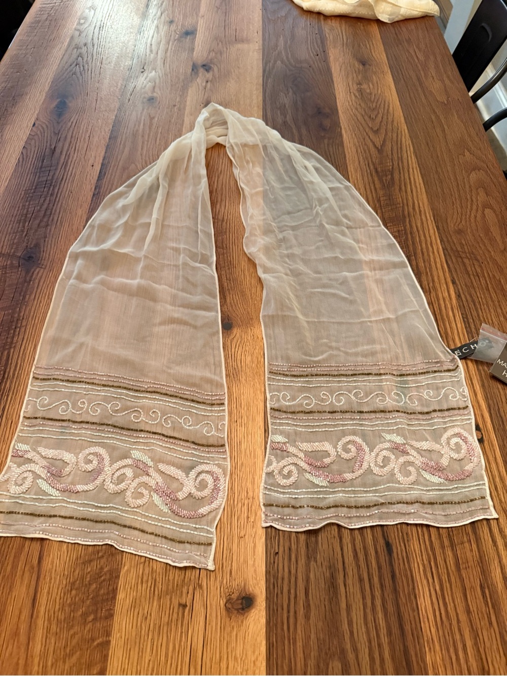 Echo Beige Sheer Embroidered Silk Scarf with Sequin Accents Vintage
